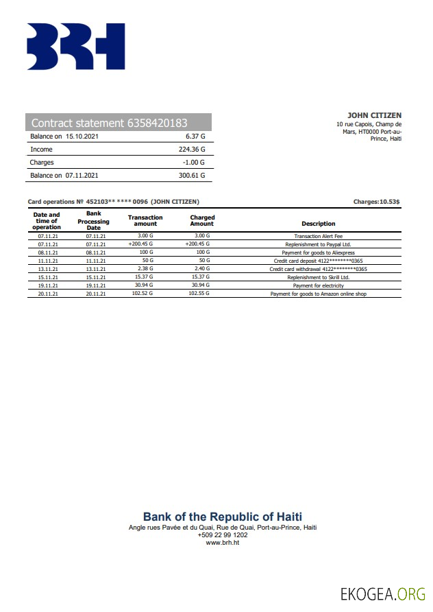 Relevé bancaire de la BRH d'Haïti